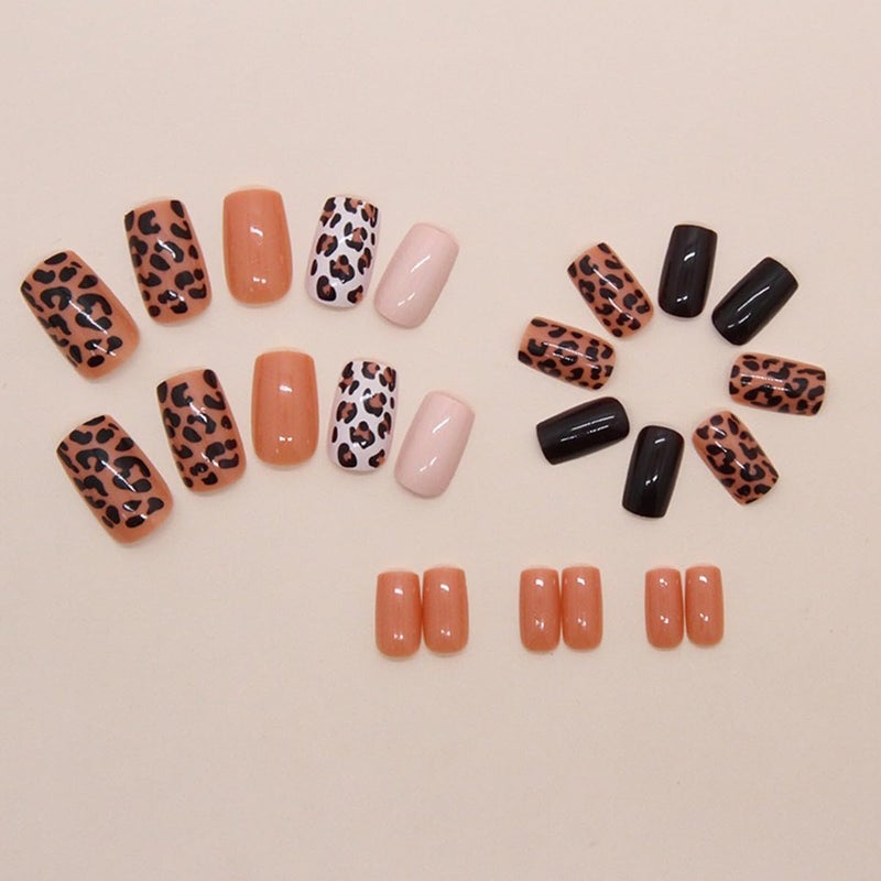 HJKDSFD Leopard Print Press on Nails Medium Square Fake Nails Brown Black Acrylic Nails with Solid Color Designs Glossy Artificial False Nails Cute Reusable Glue on Nails for Women Girls 24Pcs - Image 3